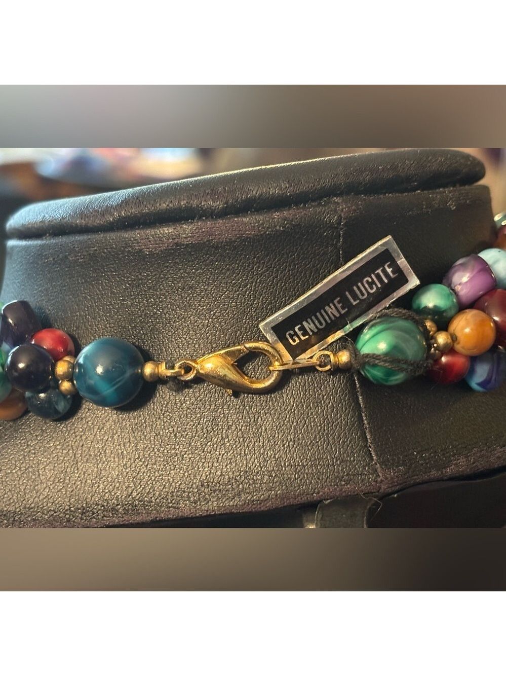 VINTAGE Genuine Lucite Statement Necklace • Gold Leaf Drop • Colorful Boho Luxe - Picture 9 of 16